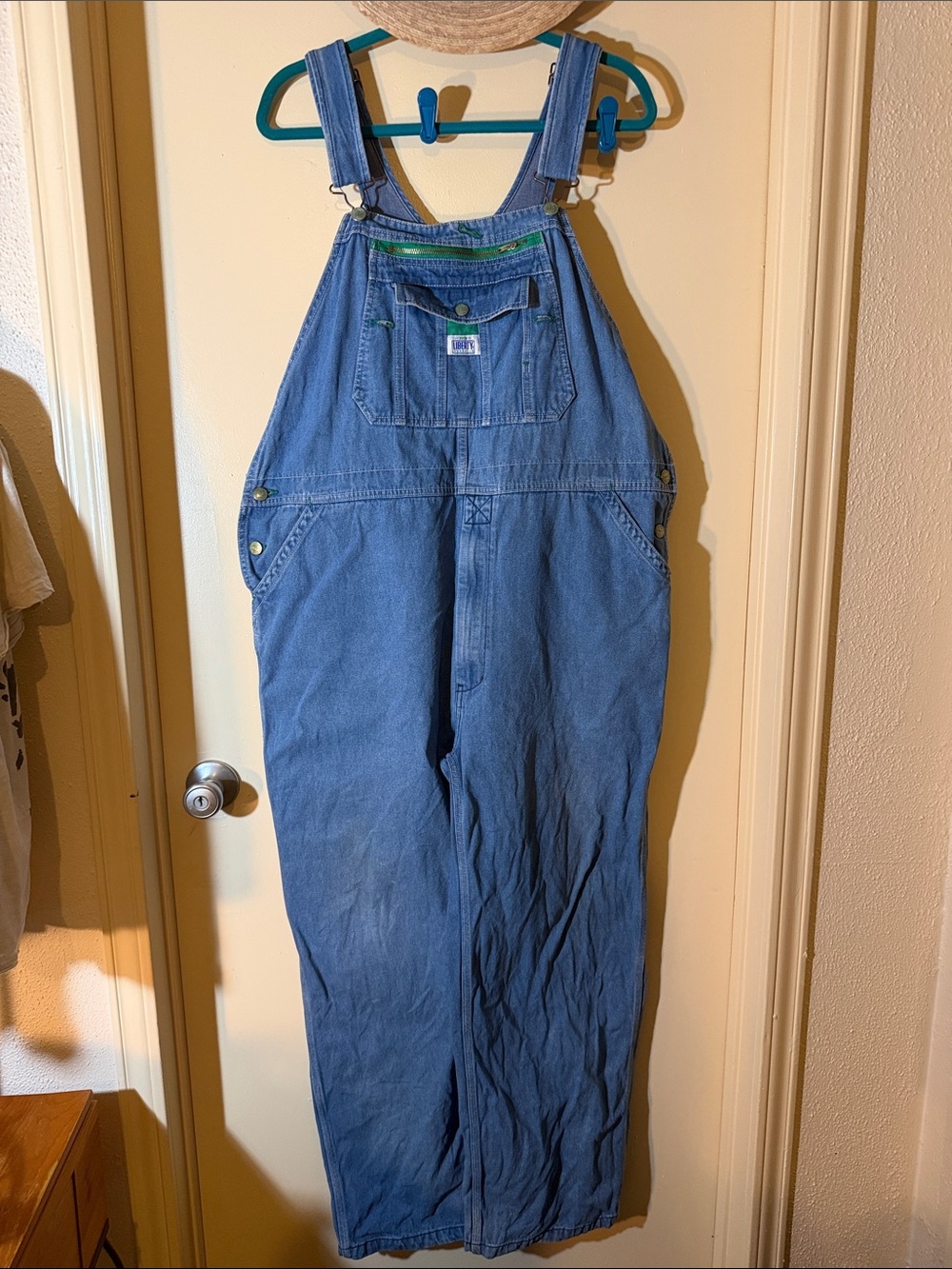 Vintage Bib Overalls - stoned wash denim - men size 40 w x 28 inseam - EUC